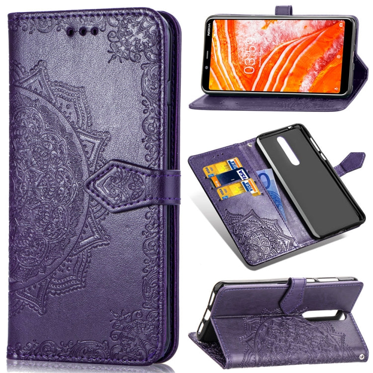 For Nokia 3.1 Plus Halfway Mandala Embossing Pattern Horizontal Flip Leather Case with Holder & Card Slots & Wallet & Lanyard