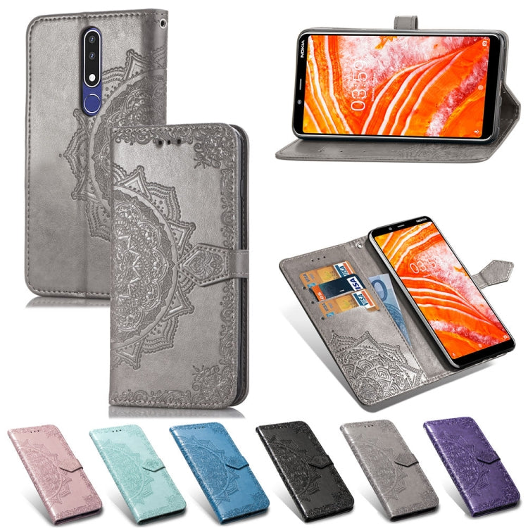 For Nokia 3.1 Plus Halfway Mandala Embossing Pattern Horizontal Flip Leather Case with Holder & Card Slots & Wallet & Lanyard