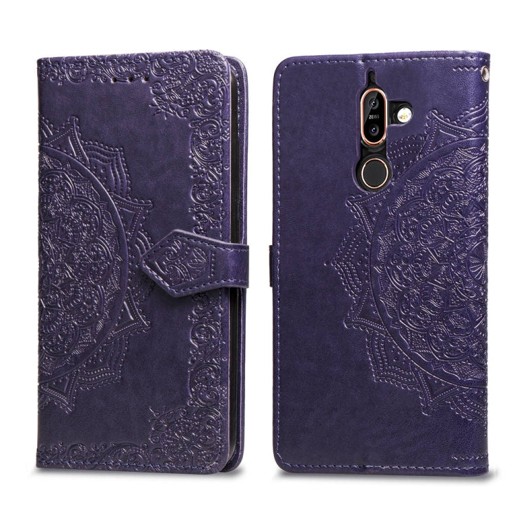 For Nokia 7 Plus Halfway Mandala Embossing Pattern Horizontal Flip Leather Case with Holder & Card Slots & Wallet & Lanyard