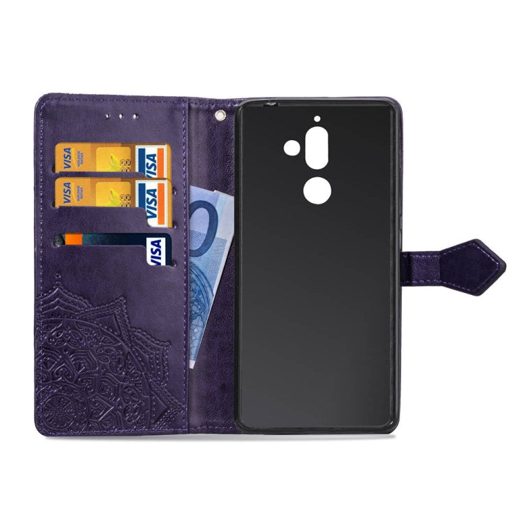 For Nokia 7 Plus Halfway Mandala Embossing Pattern Horizontal Flip Leather Case with Holder & Card Slots & Wallet & Lanyard