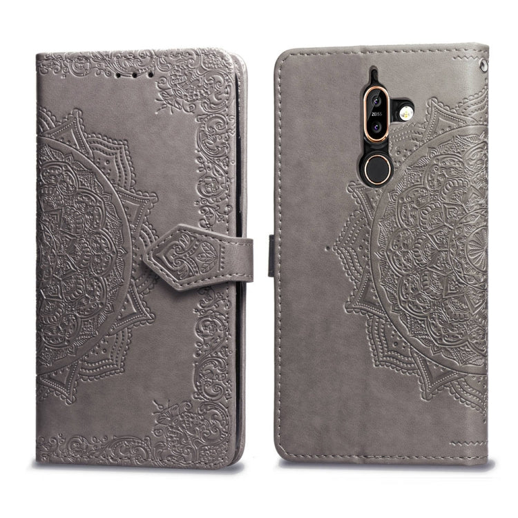 For Nokia 7 Plus Halfway Mandala Embossing Pattern Horizontal Flip Leather Case with Holder & Card Slots & Wallet & Lanyard