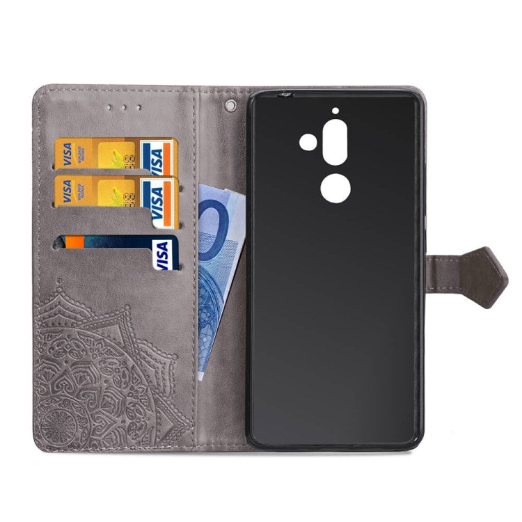 For Nokia 7 Plus Halfway Mandala Embossing Pattern Horizontal Flip Leather Case with Holder & Card Slots & Wallet & Lanyard
