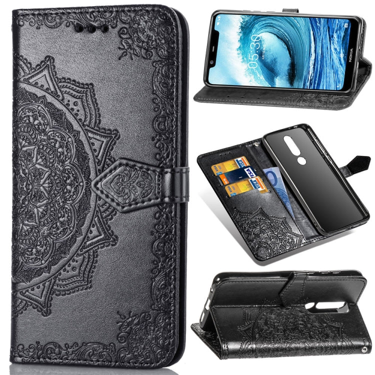 For Nokia 5.1 Plus Halfway Mandala Embossing Pattern Horizontal Flip Leather Case with Holder & Card Slots & Wallet & Lanyard