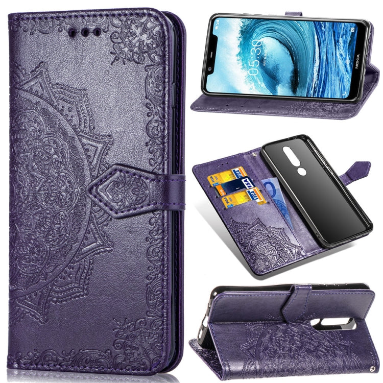 For Nokia 5.1 Plus Halfway Mandala Embossing Pattern Horizontal Flip Leather Case with Holder & Card Slots & Wallet & Lanyard