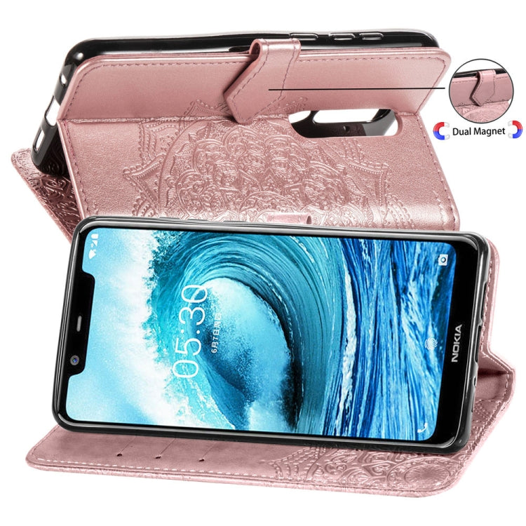 For Nokia 5.1 Plus Halfway Mandala Embossing Pattern Horizontal Flip Leather Case with Holder & Card Slots & Wallet & Lanyard