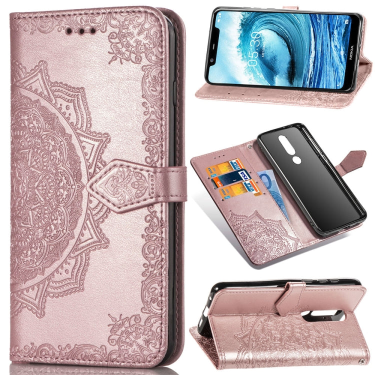 For Nokia 5.1 Plus Halfway Mandala Embossing Pattern Horizontal Flip Leather Case with Holder & Card Slots & Wallet & Lanyard