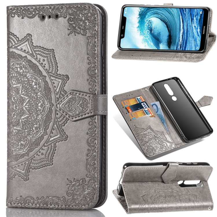 For Nokia 5.1 Plus Halfway Mandala Embossing Pattern Horizontal Flip Leather Case with Holder & Card Slots & Wallet & Lanyard