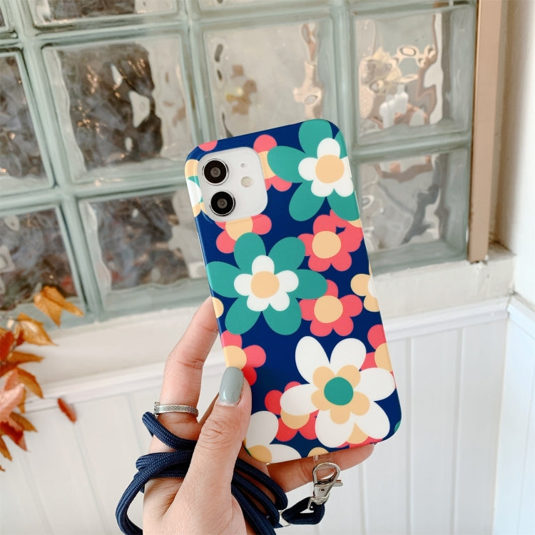 For iPhone 12 / 12 Pro Flower Pattern TPU Shockproof Protective Case with Neck Lanyard