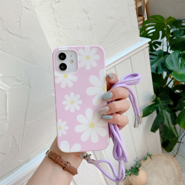 For iPhone 12 / 12 Pro Flower Pattern TPU Shockproof Protective Case with Neck Lanyard