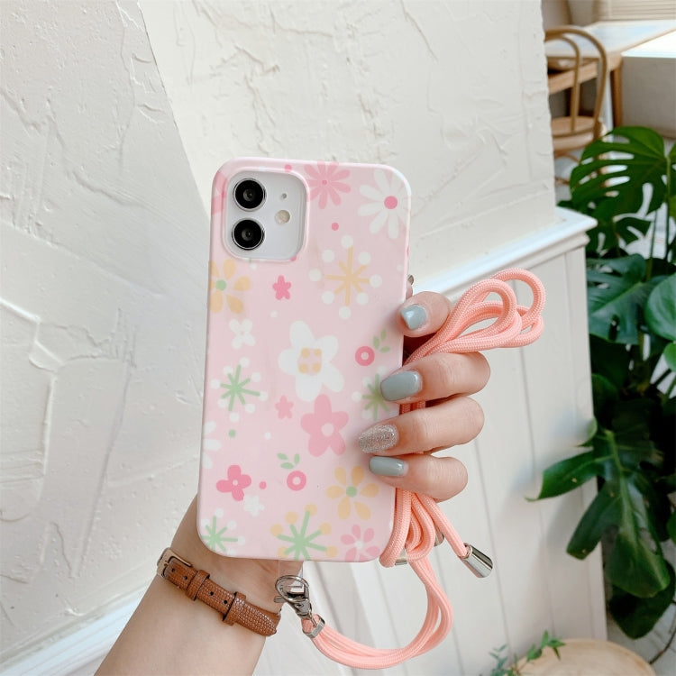 For iPhone 12 Pro Max Flower Pattern TPU Shockproof Protective Case with Neck Lanyard