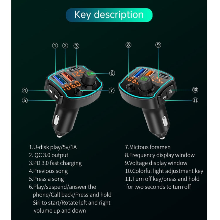 BC69 PD3.0 + QC3.0 Dual-port Fast Charging Car Dual-screen Display Bluetooth MP3 Player