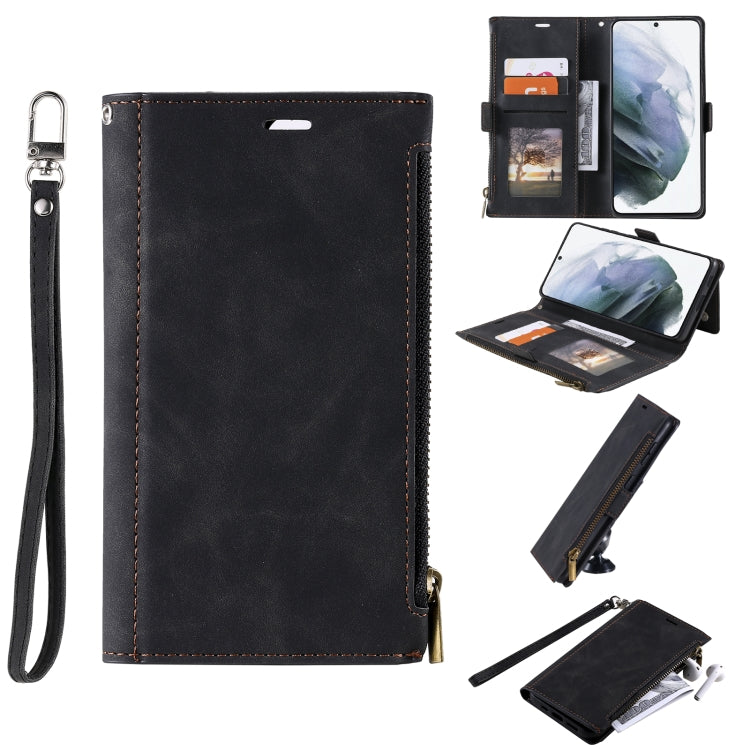 For Samsung Galaxy Note20 Ultra Side Zipper Back Card Horizontal Flip PU Leather Case with Card Slots & Wallet & Photo Frame & Lanyard