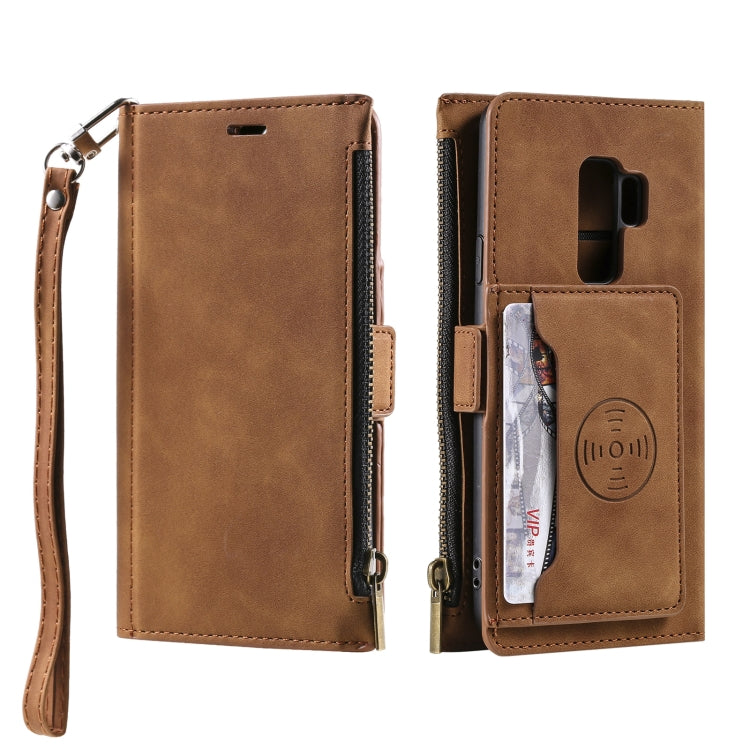 For Samsung Galaxy S9 Side Zipper Back Card Horizontal Flip PU Leather Case with Card Slots & Wallet & Photo Frame & Lanyard