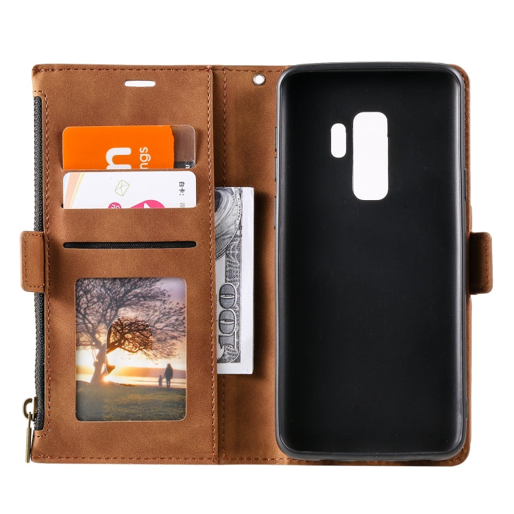 For Samsung Galaxy S9 Side Zipper Back Card Horizontal Flip PU Leather Case with Card Slots & Wallet & Photo Frame & Lanyard
