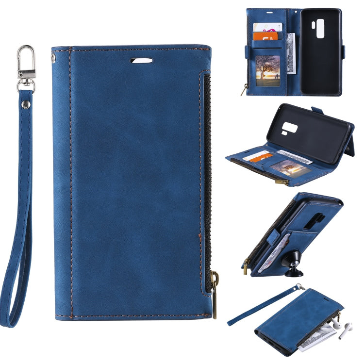 For Samsung Galaxy S9+ Side Zipper Back Card Horizontal Flip PU Leather Case with Card Slots & Wallet & Photo Frame & Lanyard