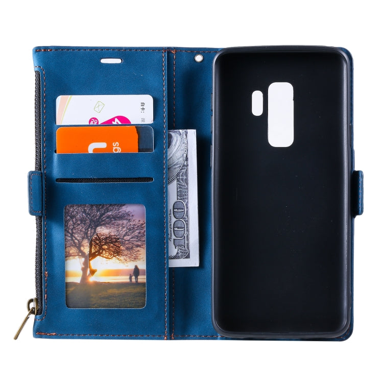 For Samsung Galaxy S9+ Side Zipper Back Card Horizontal Flip PU Leather Case with Card Slots & Wallet & Photo Frame & Lanyard