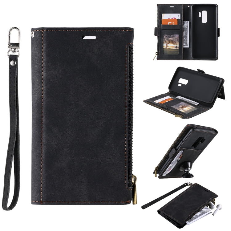 For Samsung Galaxy S9+ Side Zipper Back Card Horizontal Flip PU Leather Case with Card Slots & Wallet & Photo Frame & Lanyard