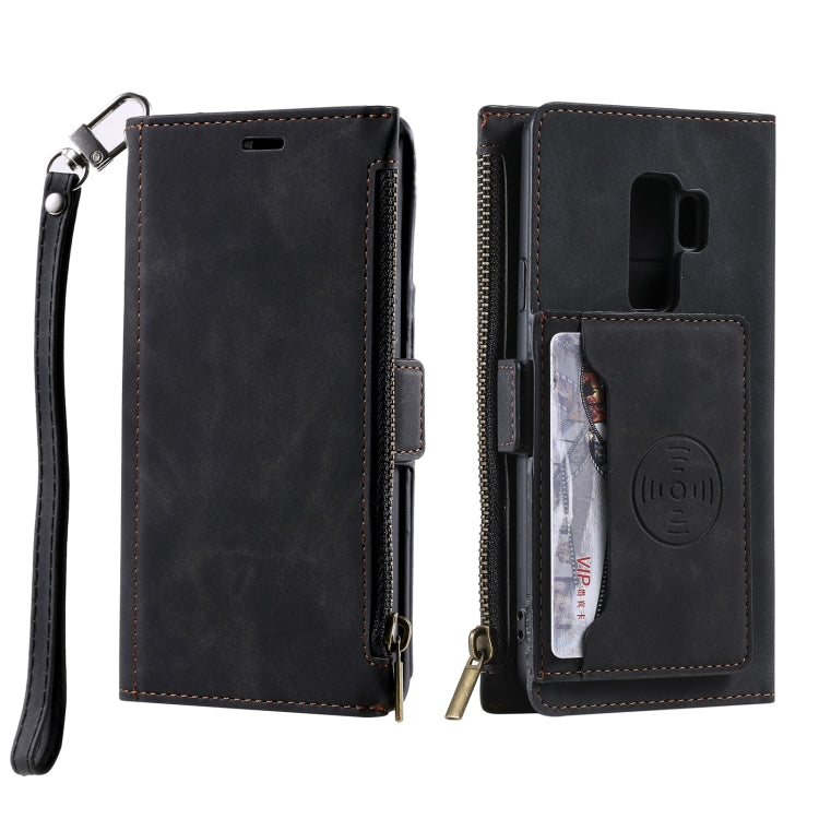 For Samsung Galaxy S9+ Side Zipper Back Card Horizontal Flip PU Leather Case with Card Slots & Wallet & Photo Frame & Lanyard