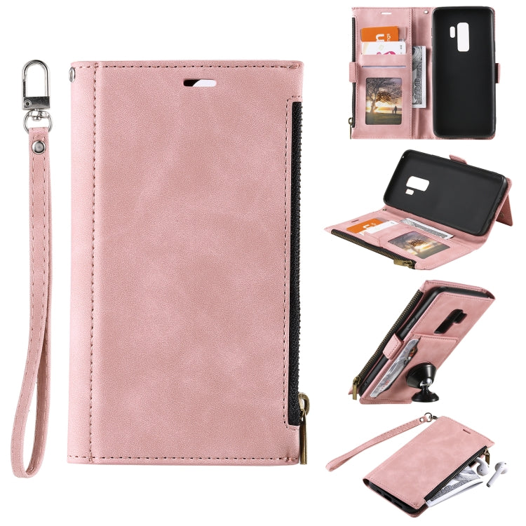 For Samsung Galaxy S9+ Side Zipper Back Card Horizontal Flip PU Leather Case with Card Slots & Wallet & Photo Frame & Lanyard