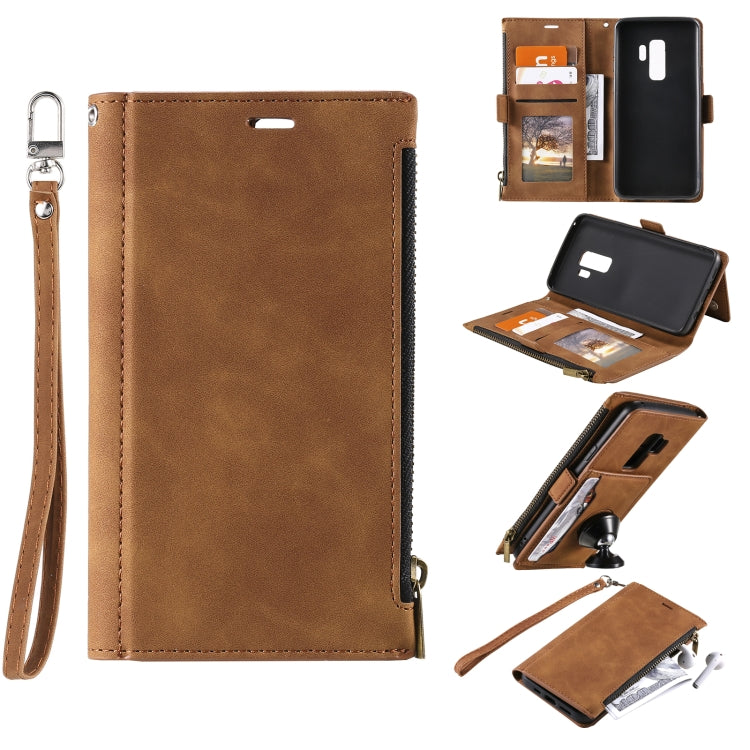 For Samsung Galaxy S9+ Side Zipper Back Card Horizontal Flip PU Leather Case with Card Slots & Wallet & Photo Frame & Lanyard