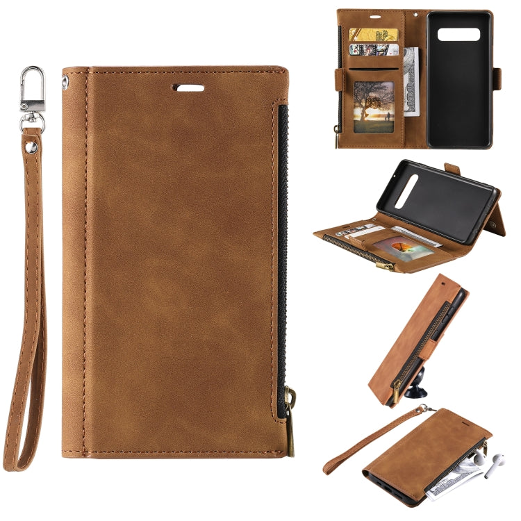 For Samsung Galaxy S10+ Side Zipper Back Card Horizontal Flip PU Leather Case with Card Slots & Wallet & Photo Frame & Lanyard