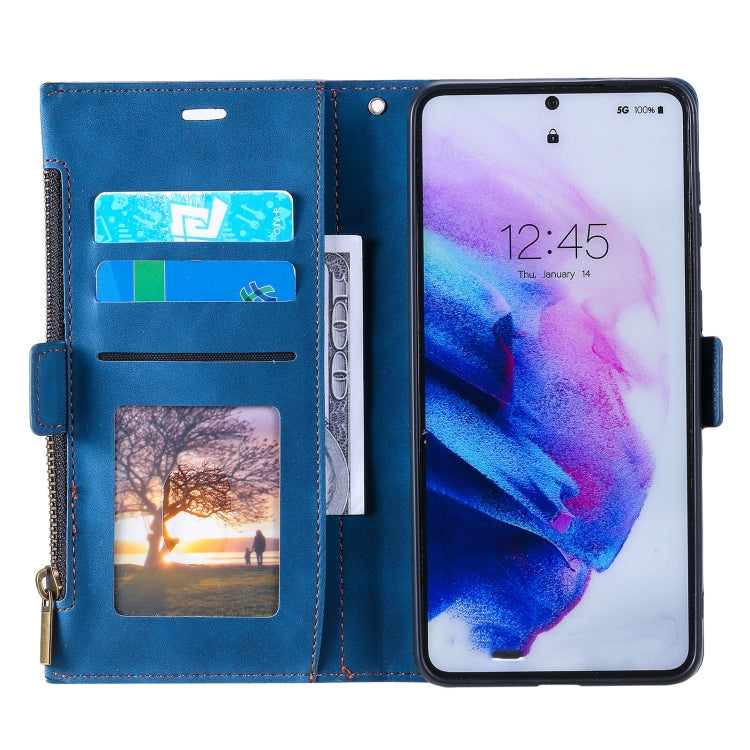 For Samsung Galaxy S21 5G Side Zipper Back Card Horizontal Flip PU Leather Case with Card Slots & Wallet & Photo Frame & Lanyard