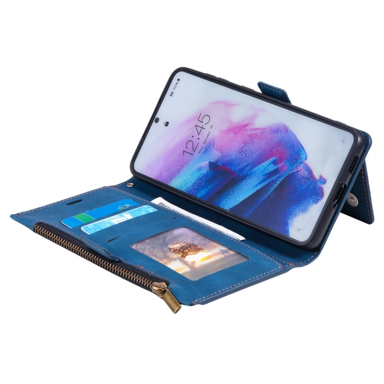For Samsung Galaxy S21 5G Side Zipper Back Card Horizontal Flip PU Leather Case with Card Slots & Wallet & Photo Frame & Lanyard