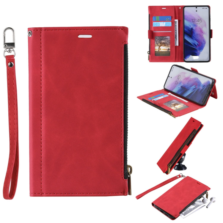 For Samsung Galaxy S21 5G Side Zipper Back Card Horizontal Flip PU Leather Case with Card Slots & Wallet & Photo Frame & Lanyard