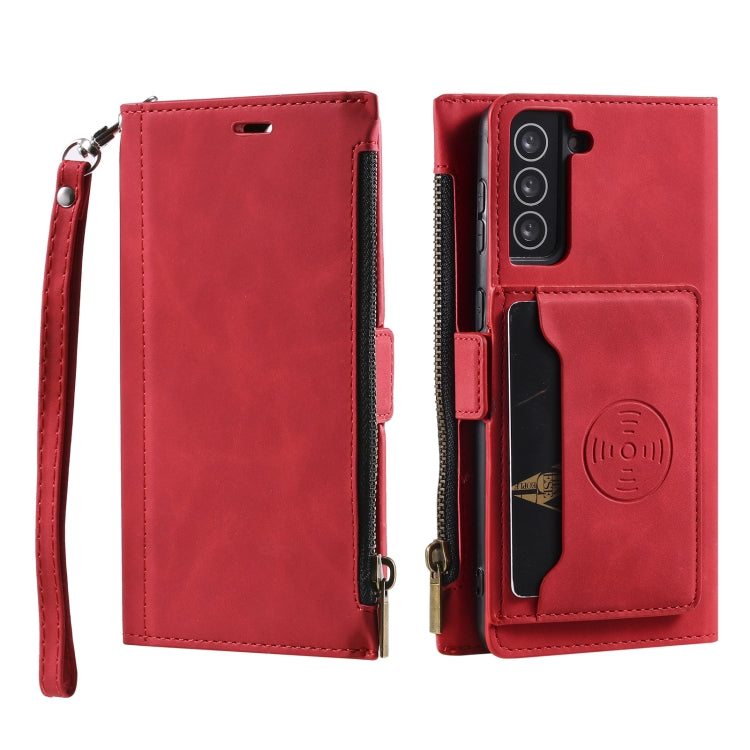 For Samsung Galaxy S21 5G Side Zipper Back Card Horizontal Flip PU Leather Case with Card Slots & Wallet & Photo Frame & Lanyard
