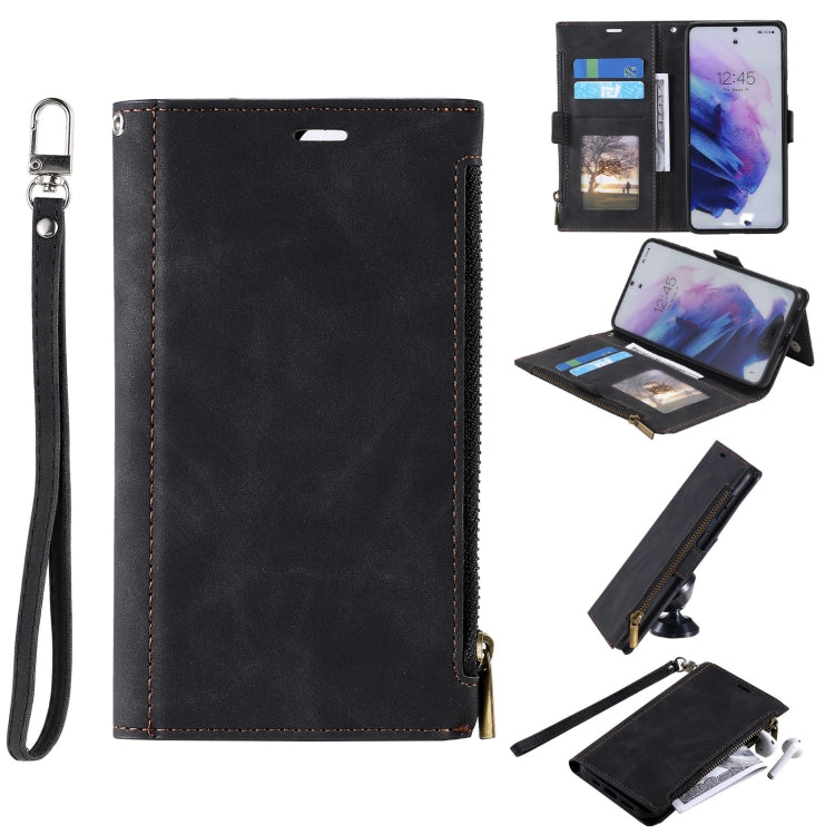 For Samsung Galaxy S21 5G Side Zipper Back Card Horizontal Flip PU Leather Case with Card Slots & Wallet & Photo Frame & Lanyard