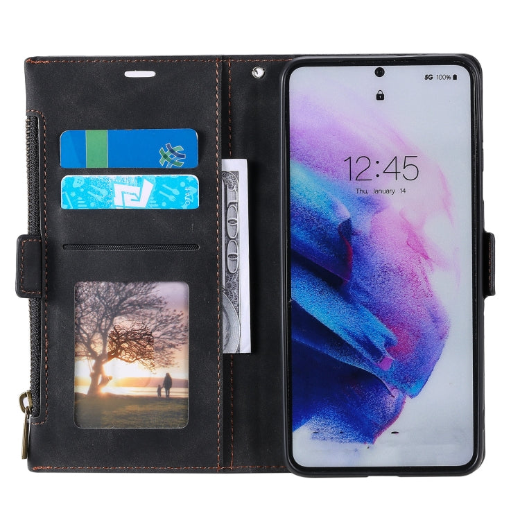 For Samsung Galaxy S21 5G Side Zipper Back Card Horizontal Flip PU Leather Case with Card Slots & Wallet & Photo Frame & Lanyard