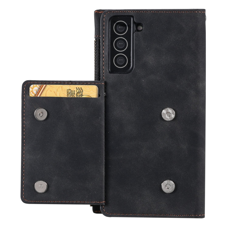 For Samsung Galaxy S21 5G Side Zipper Back Card Horizontal Flip PU Leather Case with Card Slots & Wallet & Photo Frame & Lanyard