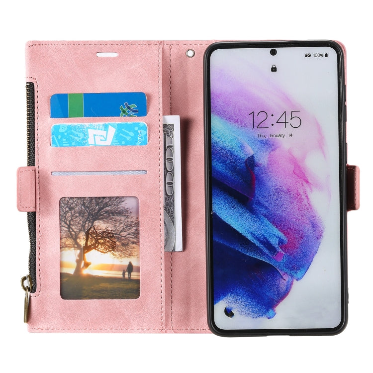 For Samsung Galaxy S21 5G Side Zipper Back Card Horizontal Flip PU Leather Case with Card Slots & Wallet & Photo Frame & Lanyard