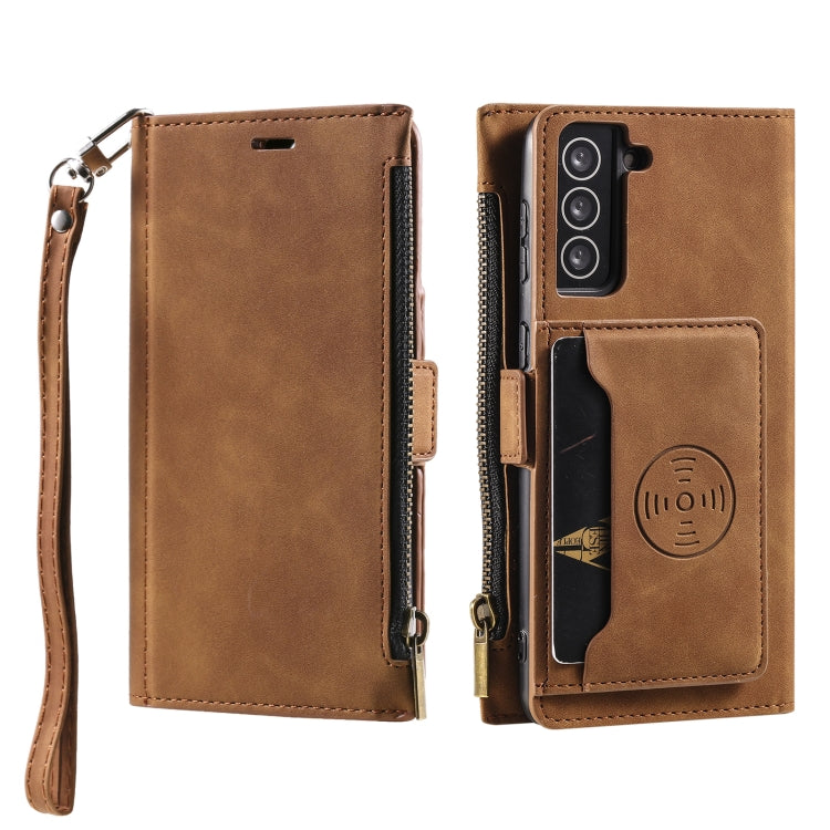 For Samsung Galaxy S21 5G Side Zipper Back Card Horizontal Flip PU Leather Case with Card Slots & Wallet & Photo Frame & Lanyard