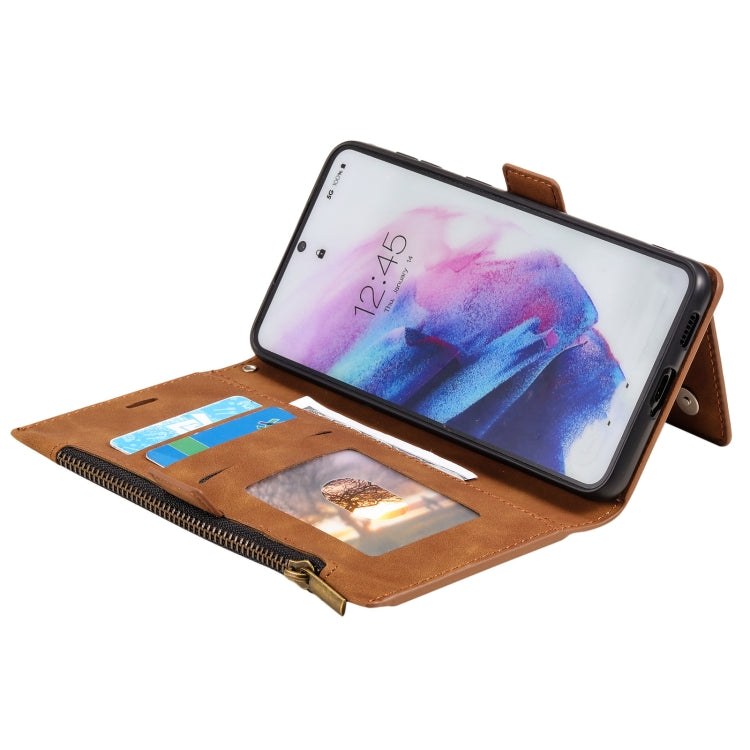 For Samsung Galaxy S21 5G Side Zipper Back Card Horizontal Flip PU Leather Case with Card Slots & Wallet & Photo Frame & Lanyard