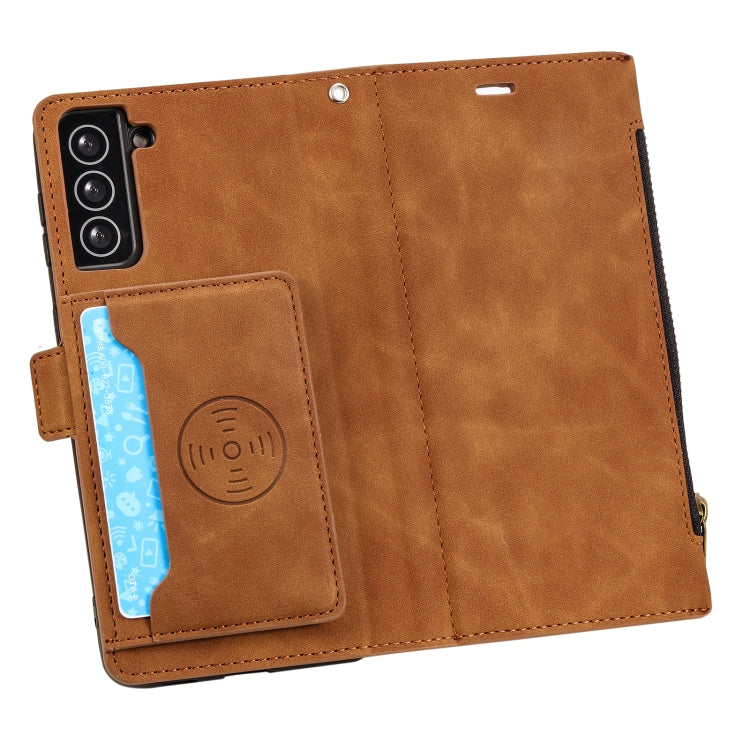 For Samsung Galaxy S21 5G Side Zipper Back Card Horizontal Flip PU Leather Case with Card Slots & Wallet & Photo Frame & Lanyard