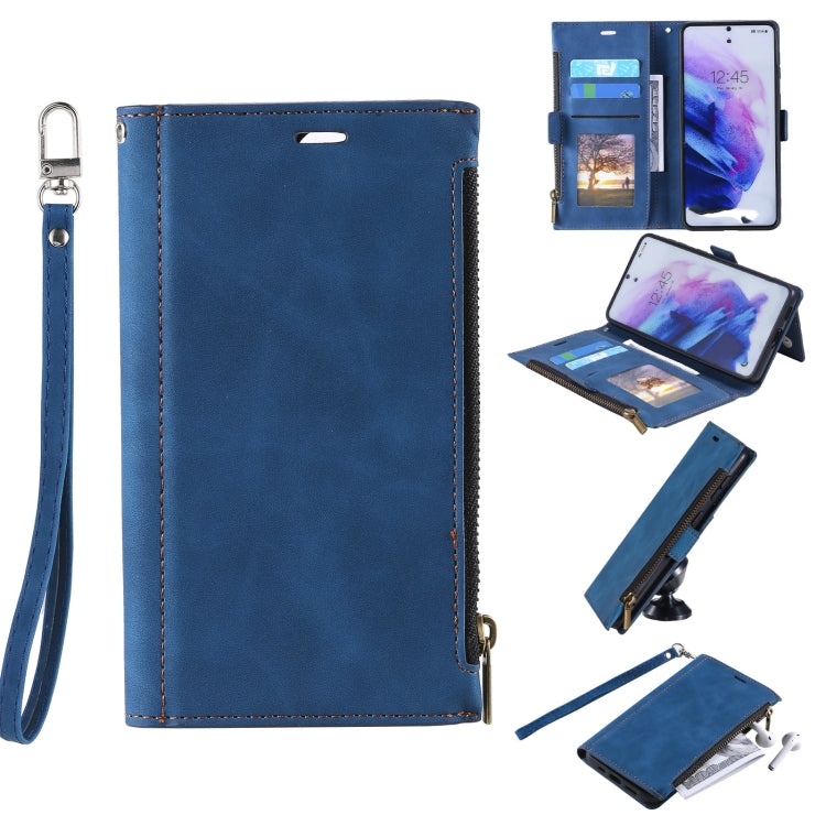 For Samsung Galaxy S21 FE 5G Side Zipper Back Card Horizontal Flip PU Leather Case with Card Slots & Wallet & Photo Frame & Lanyard