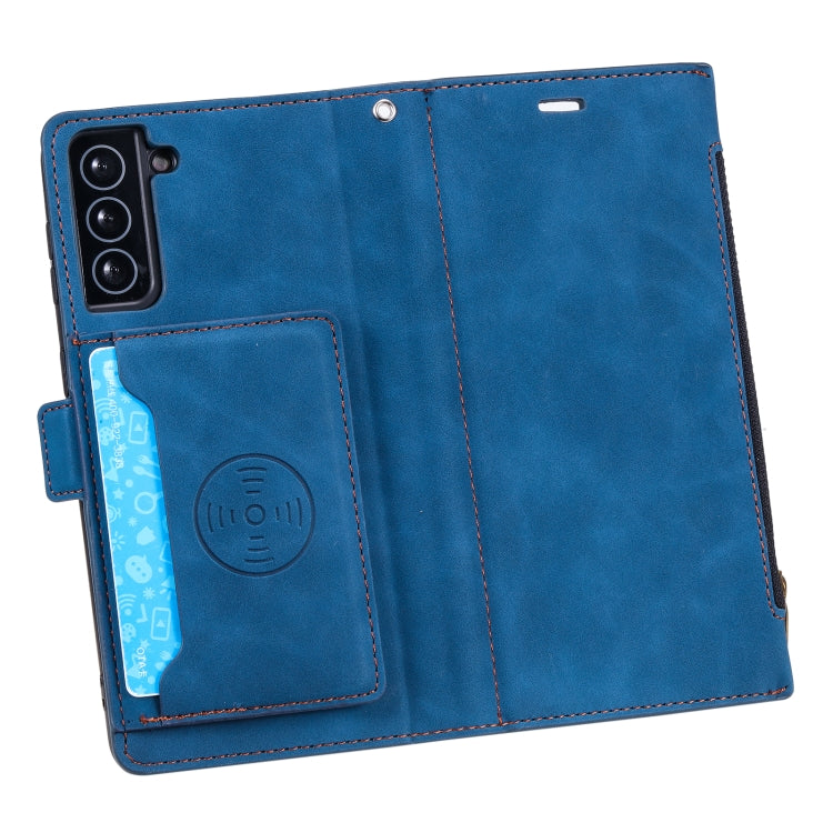 For Samsung Galaxy S21 FE 5G Side Zipper Back Card Horizontal Flip PU Leather Case with Card Slots & Wallet & Photo Frame & Lanyard