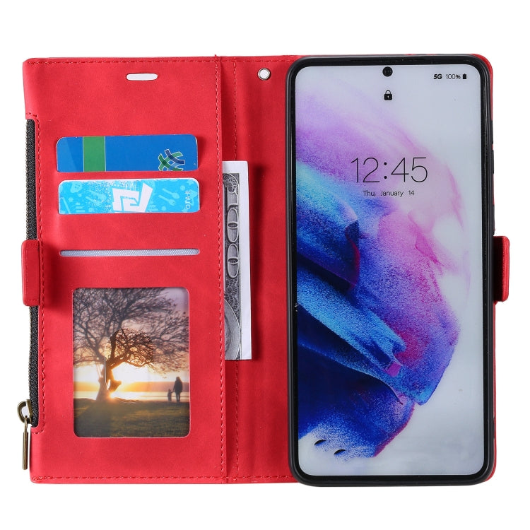 For Samsung Galaxy S21 FE 5G Side Zipper Back Card Horizontal Flip PU Leather Case with Card Slots & Wallet & Photo Frame & Lanyard