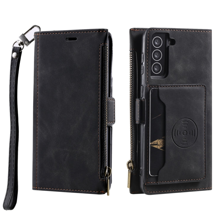 For Samsung Galaxy S21 FE 5G Side Zipper Back Card Horizontal Flip PU Leather Case with Card Slots & Wallet & Photo Frame & Lanyard