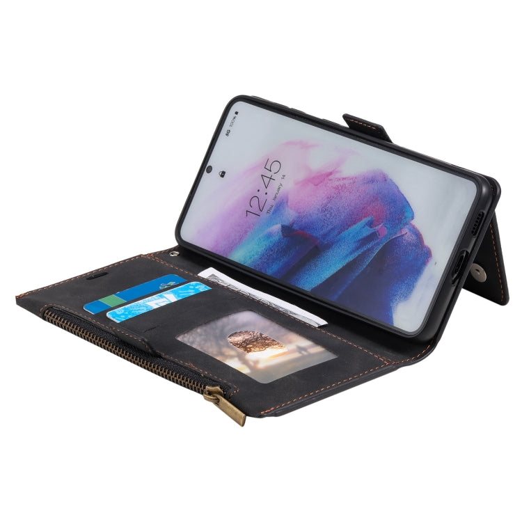 For Samsung Galaxy S21 FE 5G Side Zipper Back Card Horizontal Flip PU Leather Case with Card Slots & Wallet & Photo Frame & Lanyard