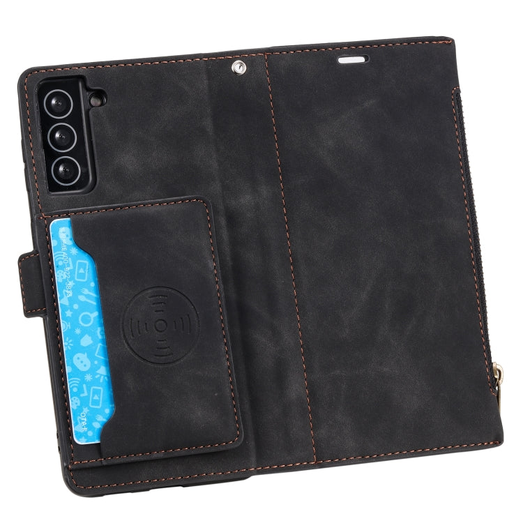 For Samsung Galaxy S21 FE 5G Side Zipper Back Card Horizontal Flip PU Leather Case with Card Slots & Wallet & Photo Frame & Lanyard