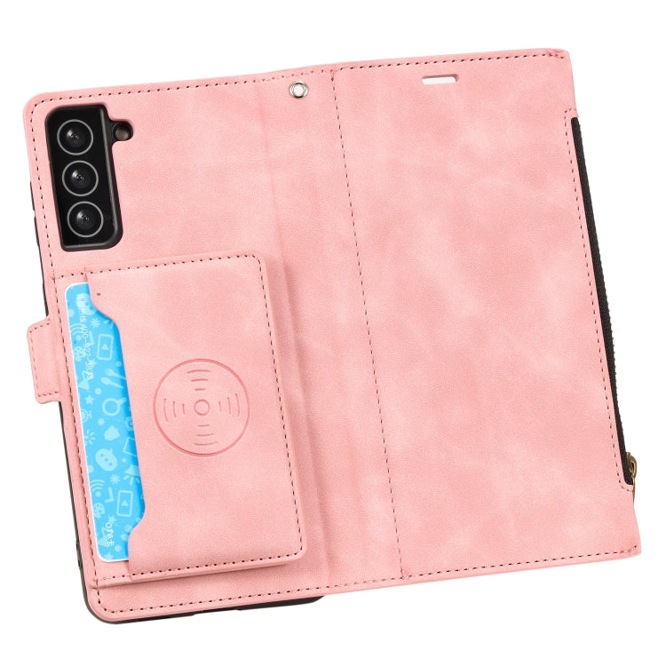 For Samsung Galaxy S21 FE 5G Side Zipper Back Card Horizontal Flip PU Leather Case with Card Slots & Wallet & Photo Frame & Lanyard
