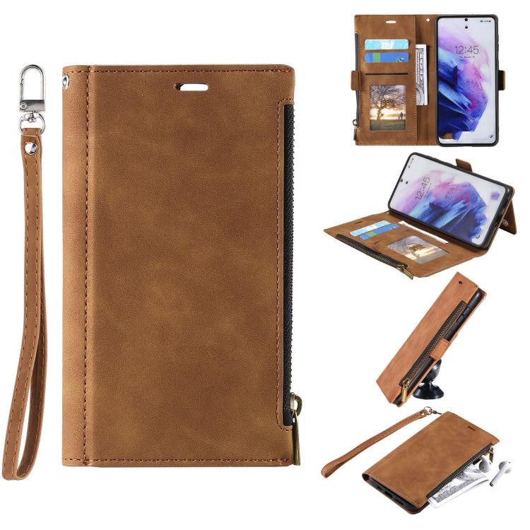 For Samsung Galaxy S21 FE 5G Side Zipper Back Card Horizontal Flip PU Leather Case with Card Slots & Wallet & Photo Frame & Lanyard