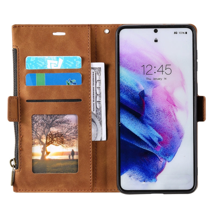 For Samsung Galaxy S21 FE 5G Side Zipper Back Card Horizontal Flip PU Leather Case with Card Slots & Wallet & Photo Frame & Lanyard