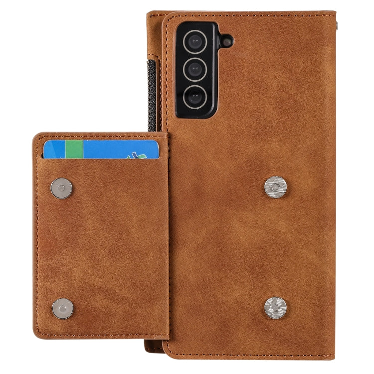 For Samsung Galaxy S21 FE 5G Side Zipper Back Card Horizontal Flip PU Leather Case with Card Slots & Wallet & Photo Frame & Lanyard