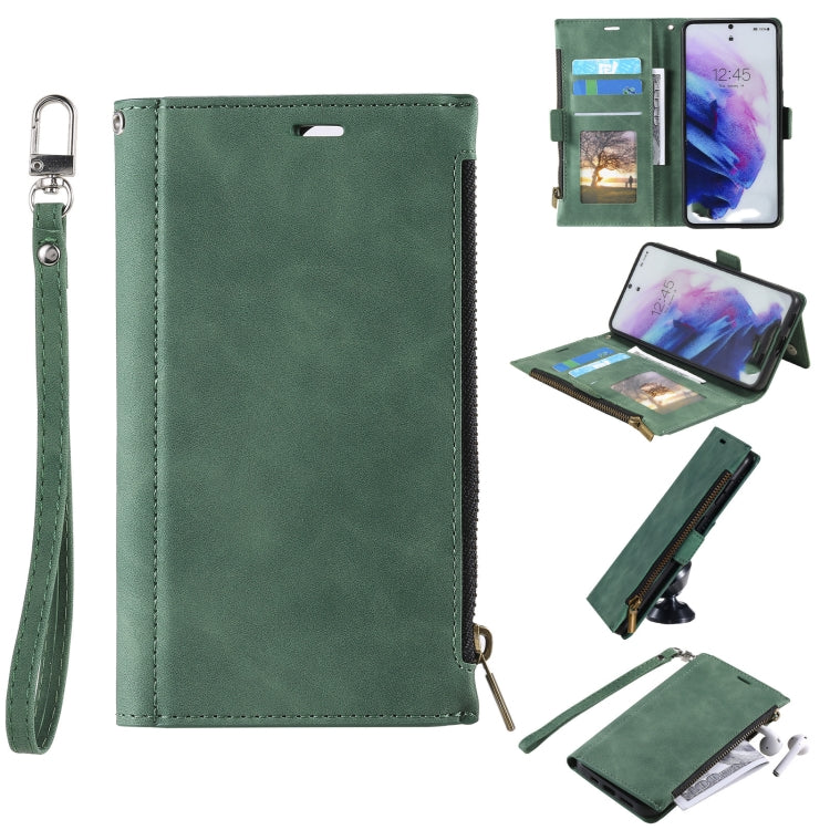 For Samsung Galaxy S21 FE 5G Side Zipper Back Card Horizontal Flip PU Leather Case with Card Slots & Wallet & Photo Frame & Lanyard