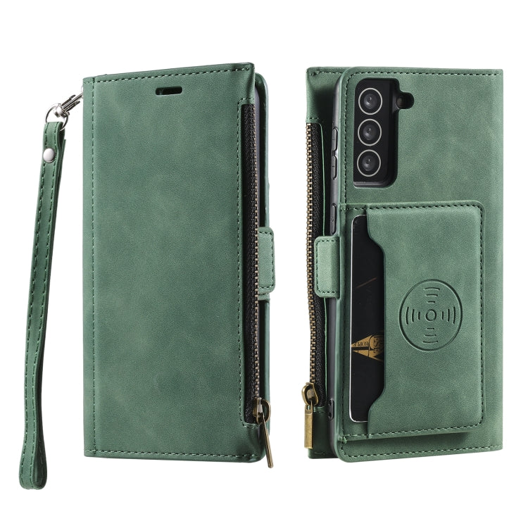 For Samsung Galaxy S21 FE 5G Side Zipper Back Card Horizontal Flip PU Leather Case with Card Slots & Wallet & Photo Frame & Lanyard