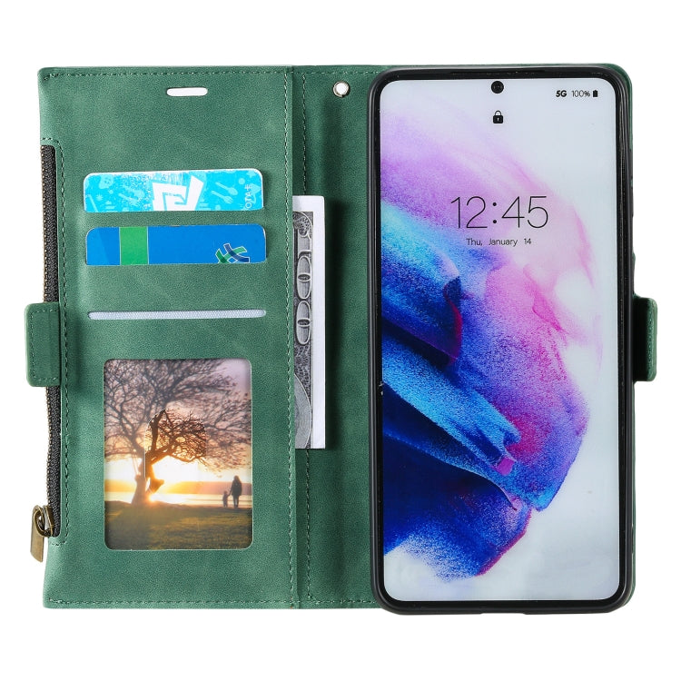 For Samsung Galaxy S21 FE 5G Side Zipper Back Card Horizontal Flip PU Leather Case with Card Slots & Wallet & Photo Frame & Lanyard