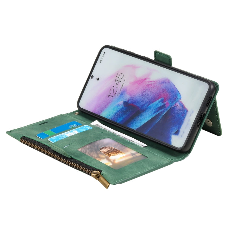 For Samsung Galaxy S21 FE 5G Side Zipper Back Card Horizontal Flip PU Leather Case with Card Slots & Wallet & Photo Frame & Lanyard